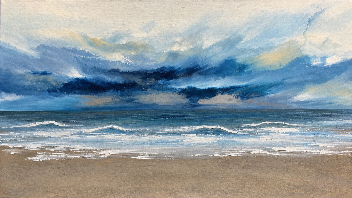 Ewaldi artwork: Dark cobalt storm clouds cross a broad sky above layered navy waves and a tan beach with foamy surf.