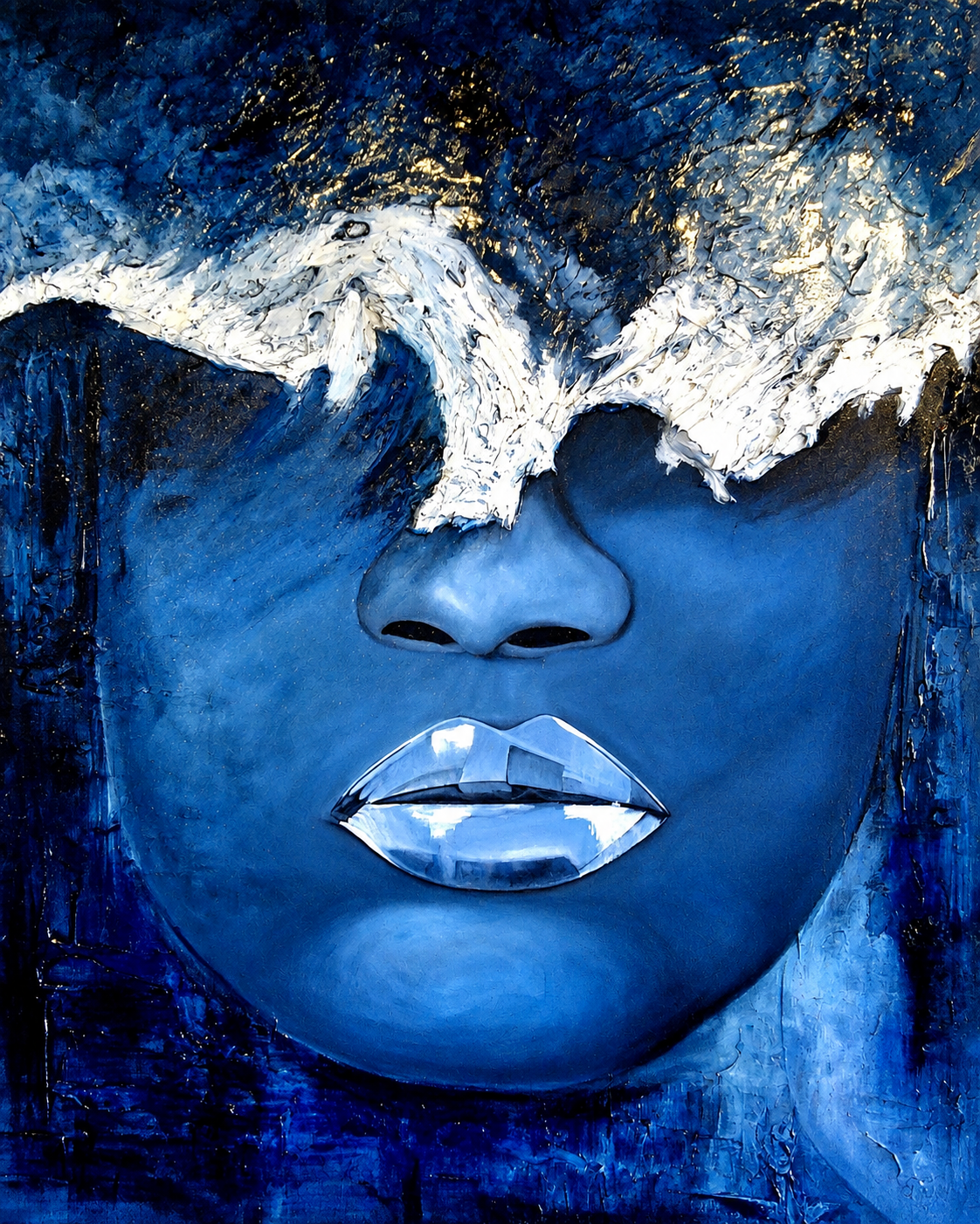 Ewaldi artwork: A forward-facing blue-toned woman's face fills the portrait; metallic-looking silver lips contrast.