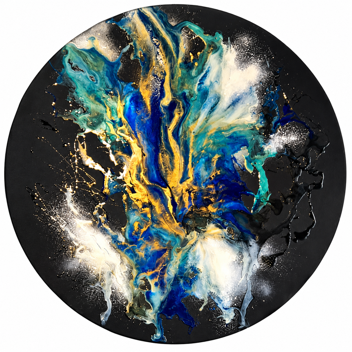 Ewaldi artwork: A round black-ground composition pierced by luminous blue.