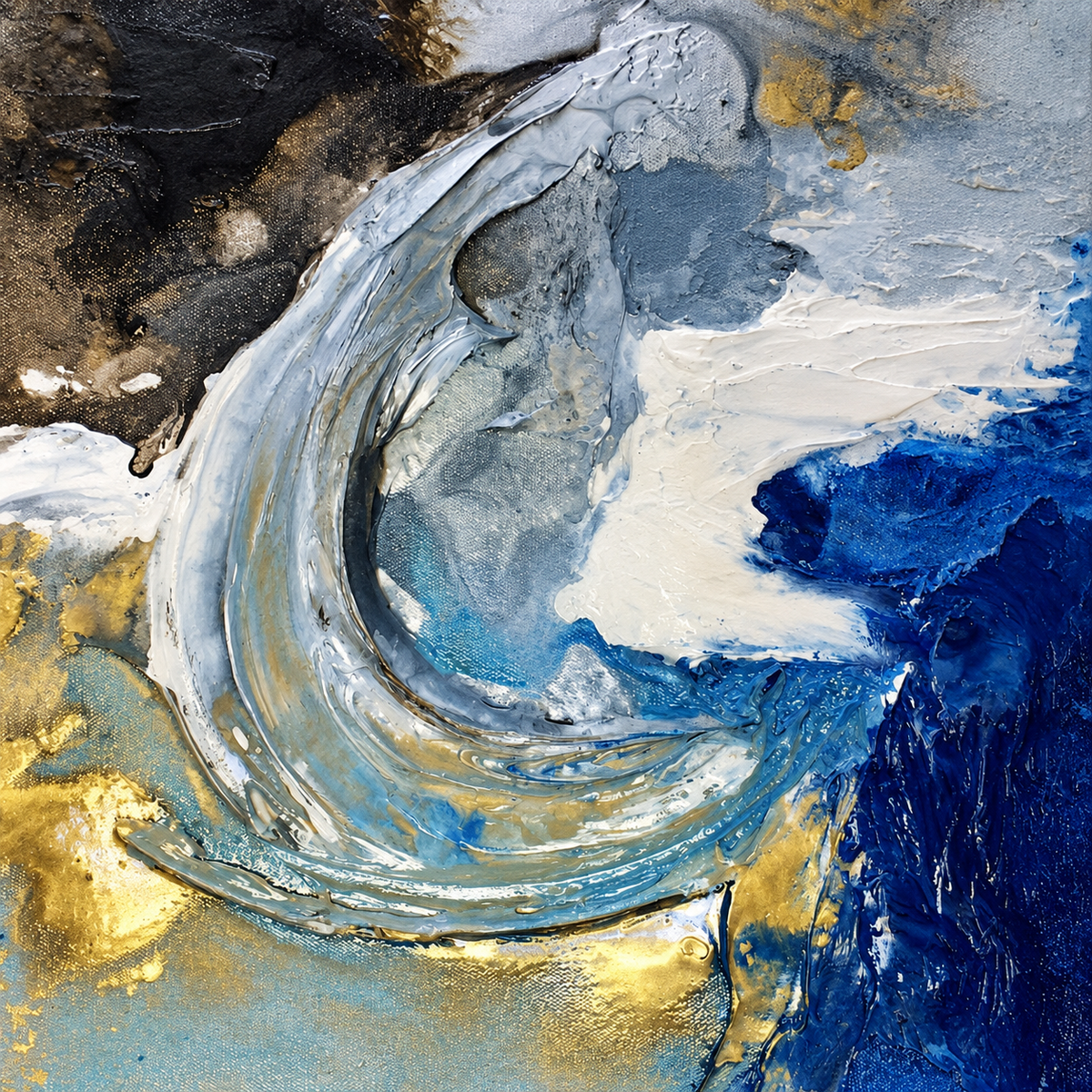 Ewaldi artwork: A large, curved blue-white crest sweeps across a textured field of dark blues and gold.