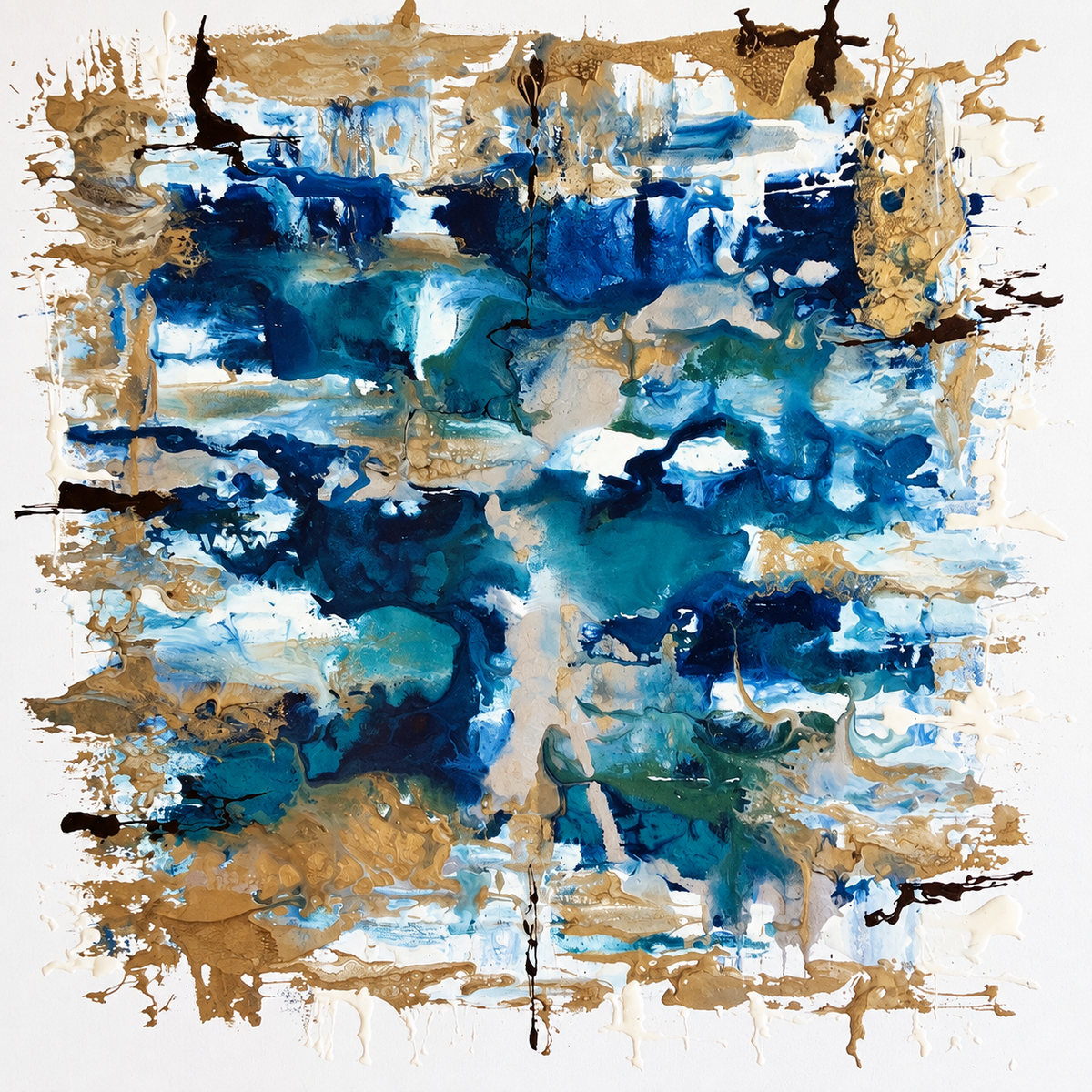 Ewaldi artwork: Overlapping deep-blue blocks, turquoise pools and ochre scratches form an irregular square textured.