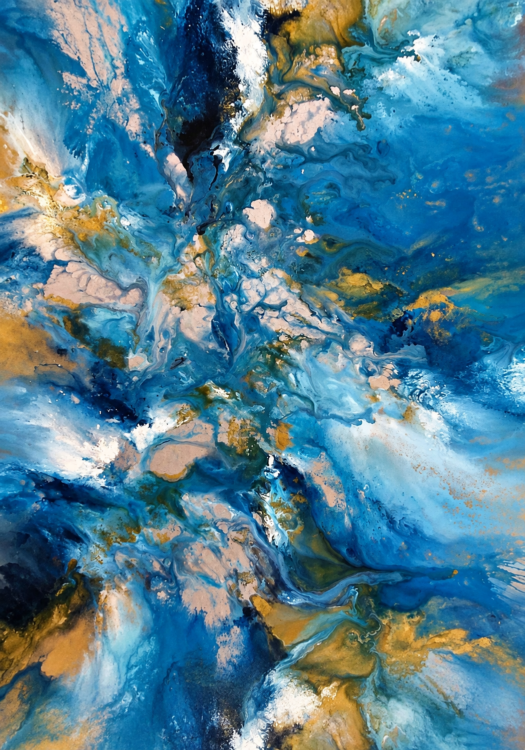 Ewaldi artwork: Broken streams of bright turquoise and cobalt run diagonally through dark.