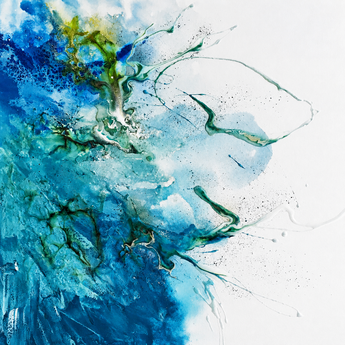 Ewaldi artwork: A sweeping spray of blue and green fluid-like marks spreads from the left into open white space.