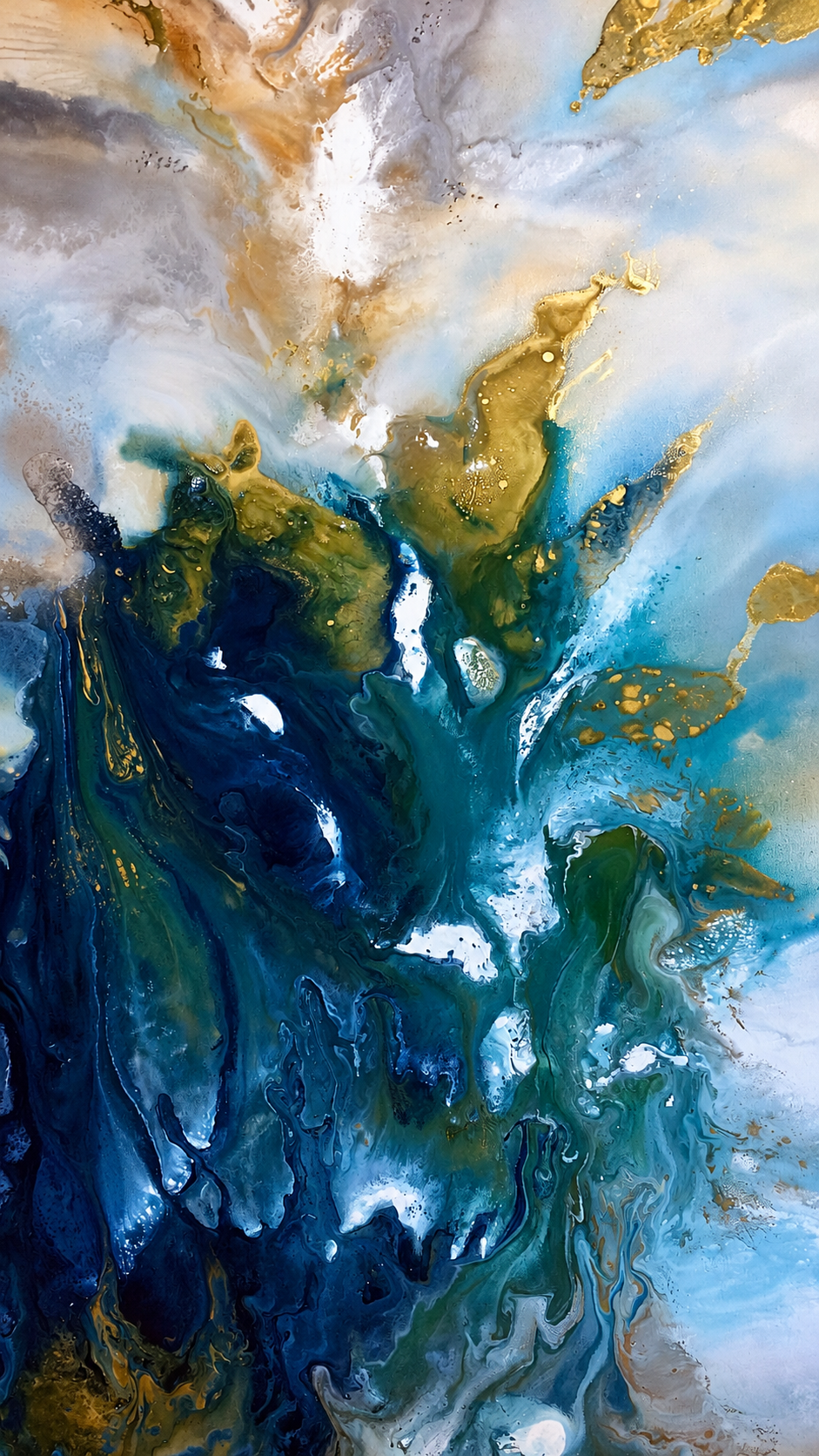 Ewaldi artwork: An upright cascade of inky navy and teal swirls upward into pale blue.