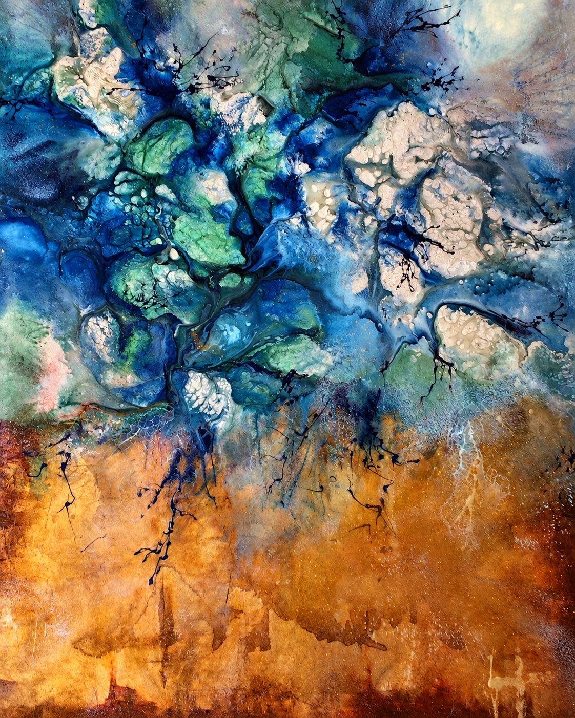 Ewaldi artwork: A vertical field of blue-green cracked mineral textures fades into glowing burnt-orange and ochre.