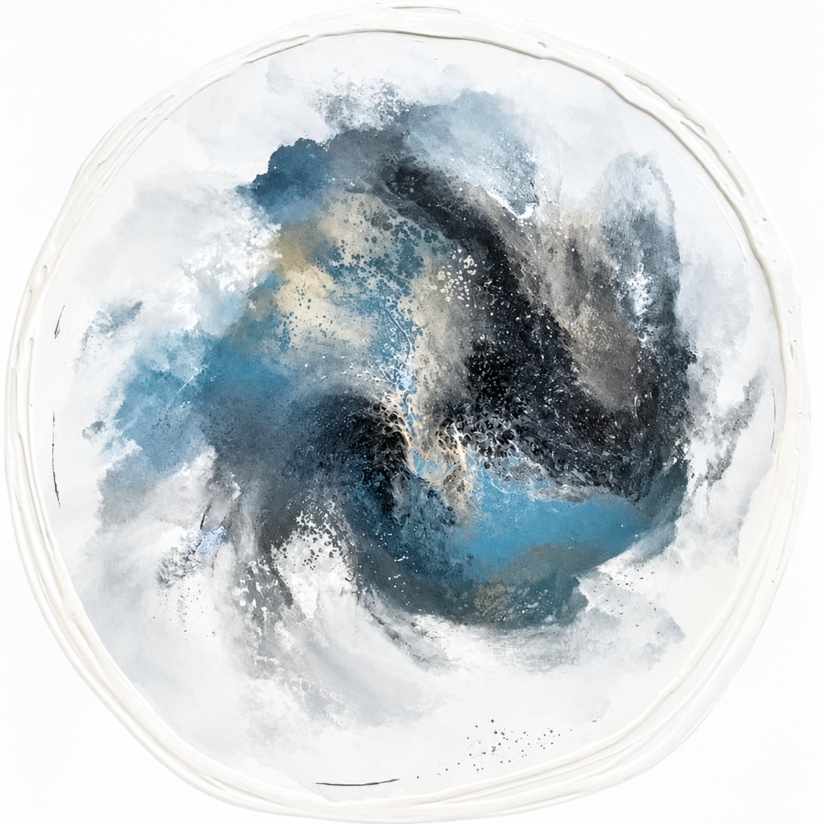 Ewaldi artwork: A softly diffused circular plume of slate, teal and charcoal curls around a darker central mass.