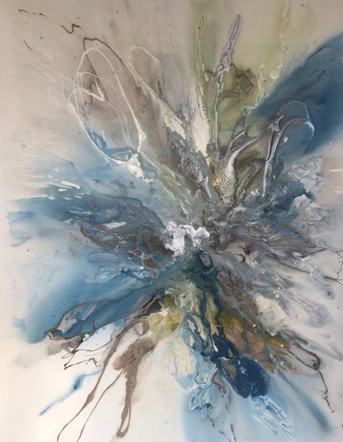Ewaldi artwork: A soft, radiating bloom of blue-grey and taupe sweeps out from a darker central tangle.