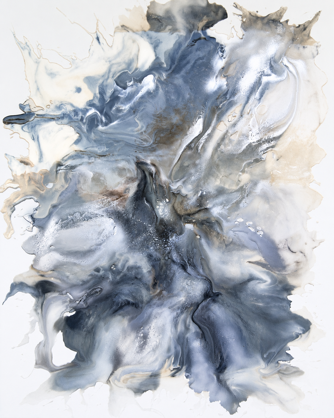 Ewaldi artwork: A tall cloud-like eruption of blue-grey fluid forms rises against white.