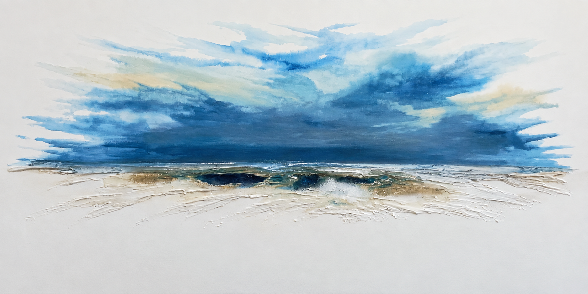 Ewaldi artwork: A spare coastal horizon formed by broad blue brushstrokes above a thin dark sea line and luminous.