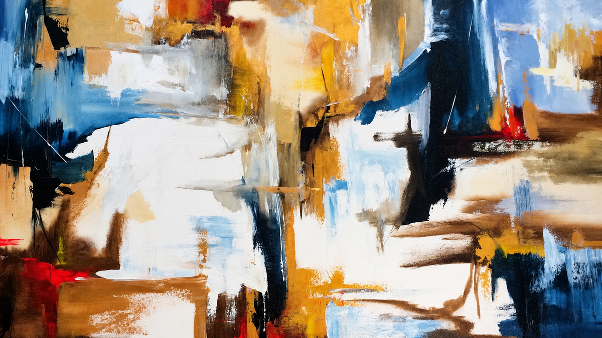 Ewaldi artwork: Overlapping rectangular blocks in blue, cream, ochre and rust crossed by strong irregular dark vertical.