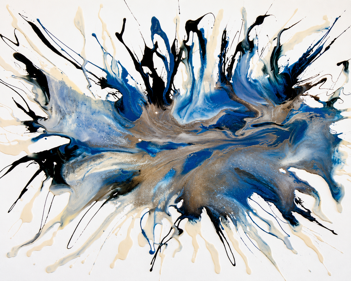 Ewaldi artwork: A broad, wing-like splash of deep blue and taupe spreads sideways.