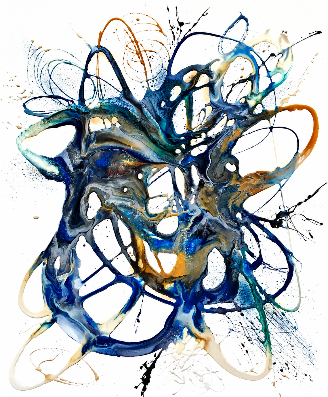 Ewaldi artwork: Free-flowing navy and turquoise ribbon loops cross a mostly white background.