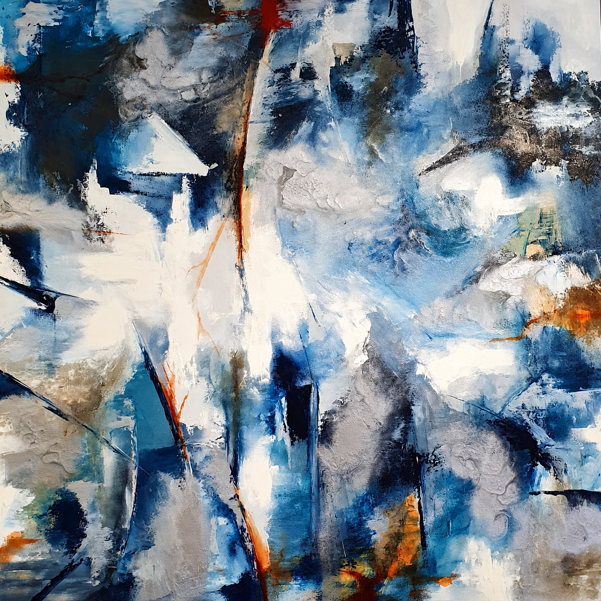 Ewaldi artwork: Vertical swathes of blue and white pigment collide with jagged dark-blue patches.