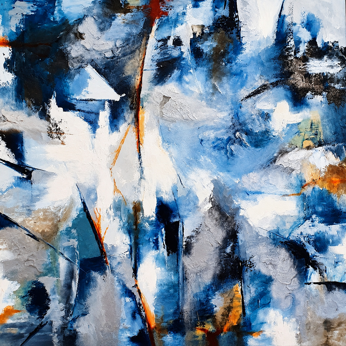 Ewaldi artwork: Angular cobalt and slate-blue brush patches cross white and charcoal marks with thin rusty-orange streaks.