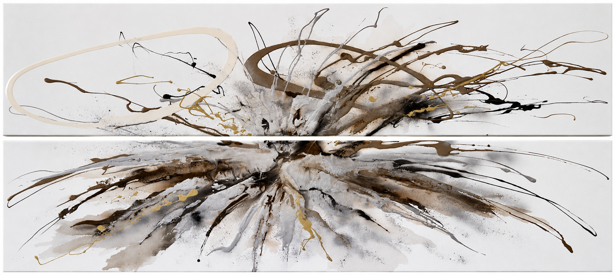 Ewaldi artwork: A wide two-level composition sends long, fine black and brown fluid lines sideways from a dense central.