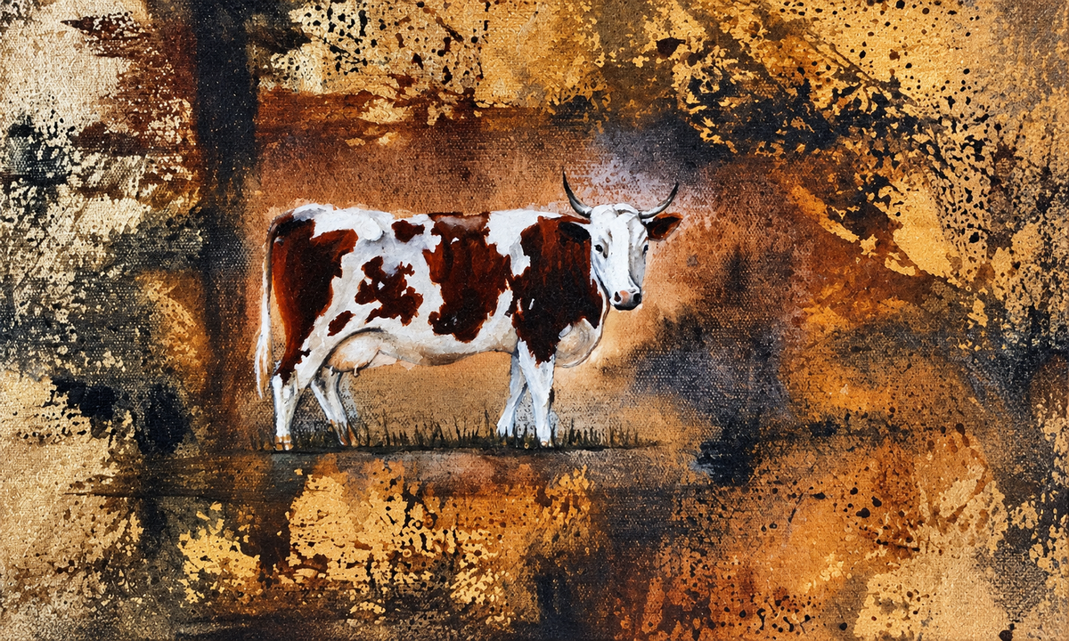 Ewaldi artwork: A brown-and-white cow stands side-on with its head turned toward the viewer.