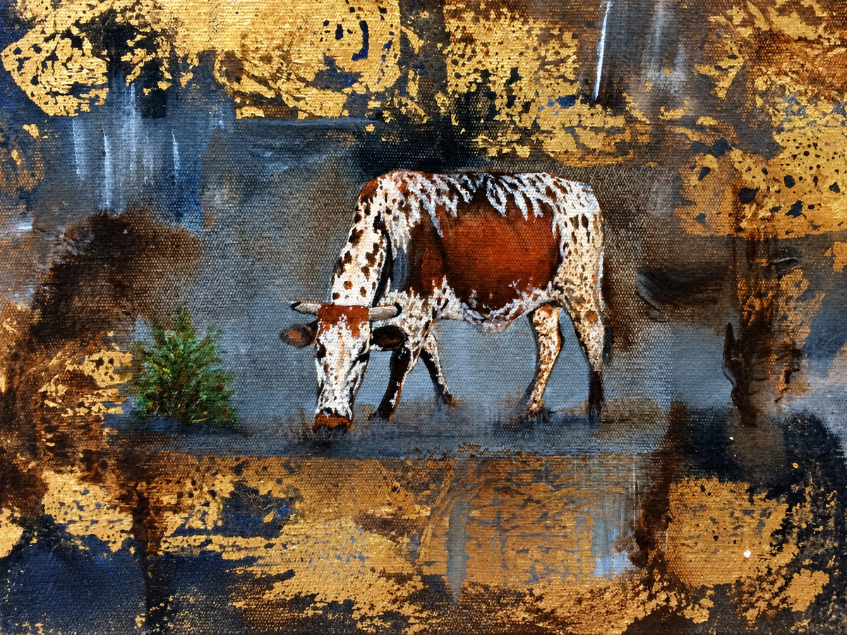 Ewaldi artwork: A heavily speckled brown-and-white cow bends its head to graze against a scraped-looking blue-grey and gold.