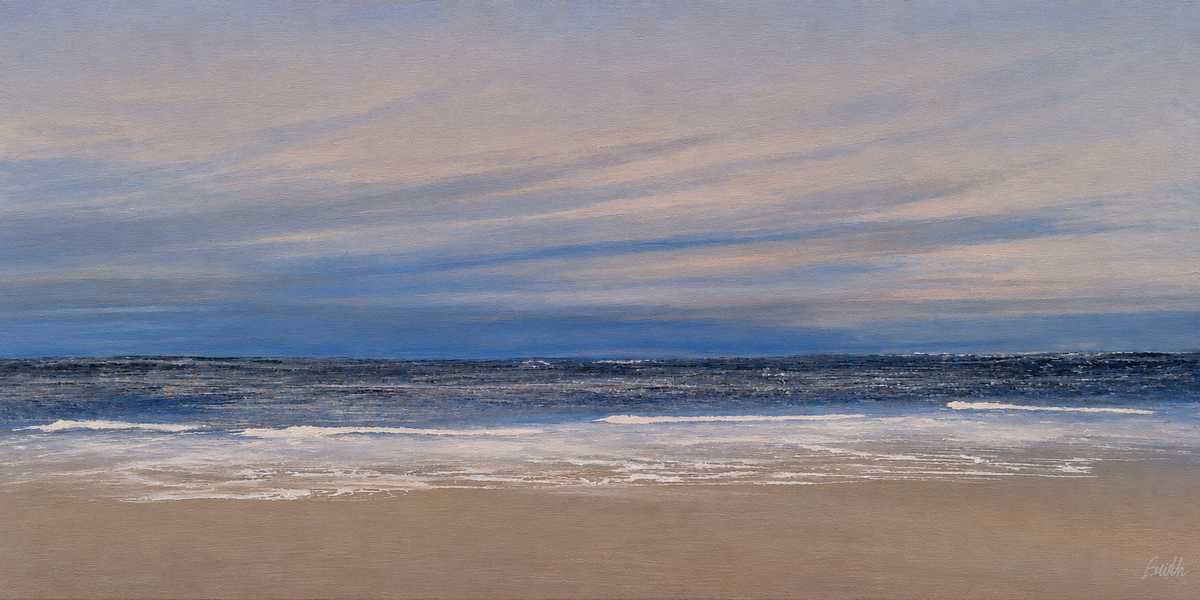 Ewaldi artwork: A thin calm blue ocean horizon separates a broad misty lavender-blue sky from a narrow pale sandy beach.