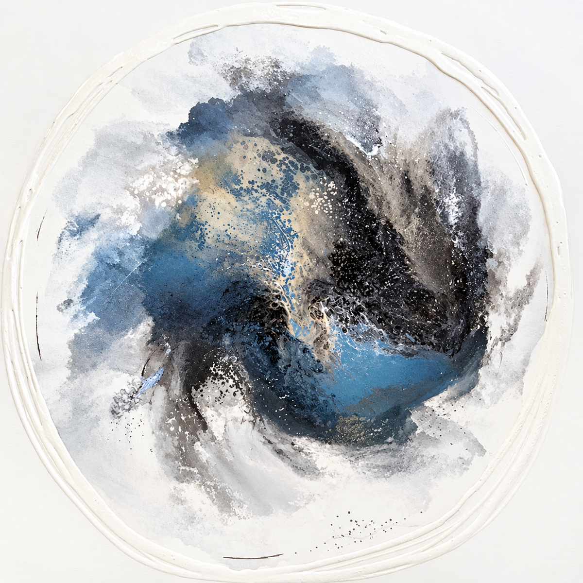 Ewaldi artwork: A dark charcoal and blue ink-like cluster sweeps across a pale translucent circular wash on white.