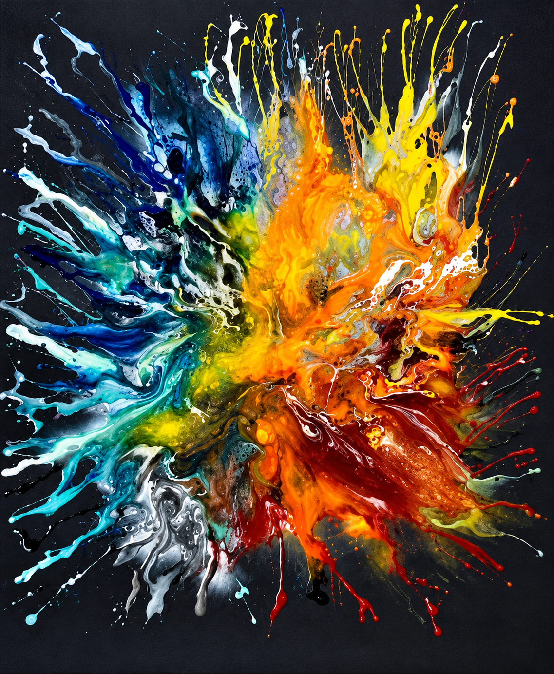 Ewaldi artwork: A vivid radial paint-like explosion erupts against a black ground.