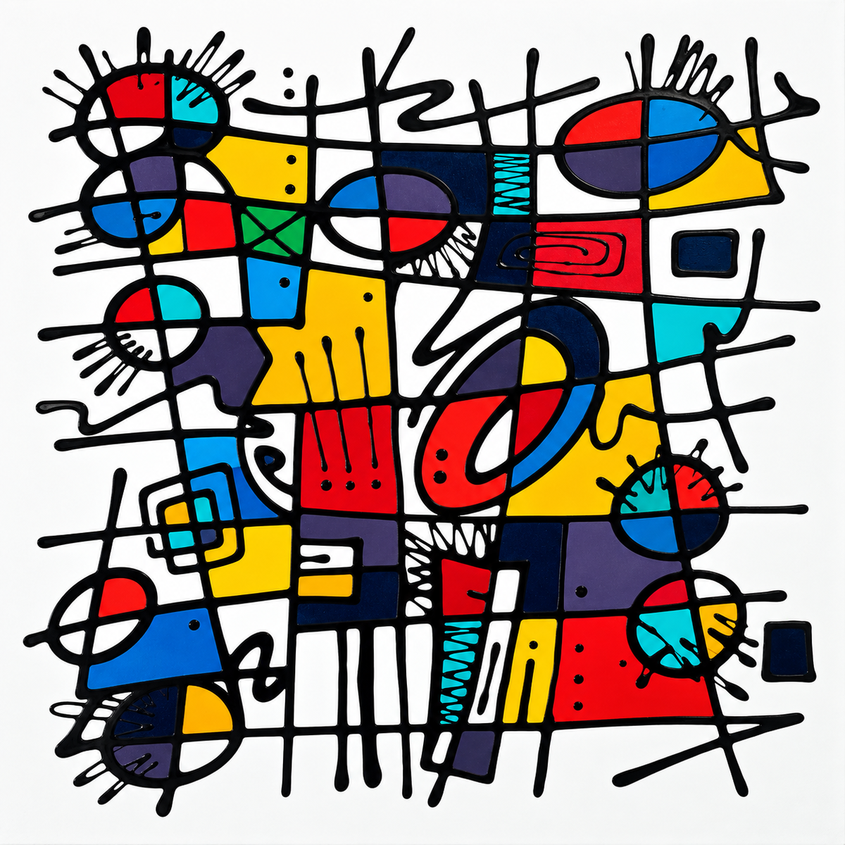 Ewaldi artwork: A compact mosaic of red, yellow, blue and grey cells is interwoven with expressive black grid lines.