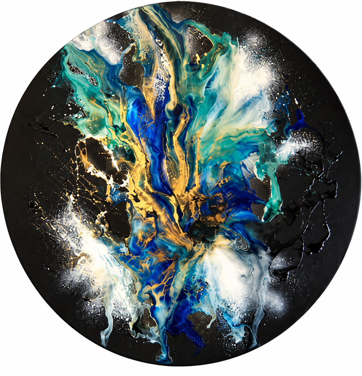 Ewaldi artwork: A nearly circular black-ground fluid bloom reveals a luminous teal-and-blue centre.
