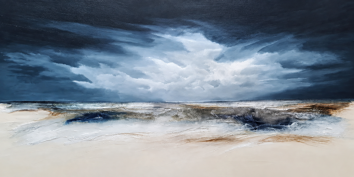 Ewaldi artwork: Heavy dark storm clouds press over a low choppy shoreline.