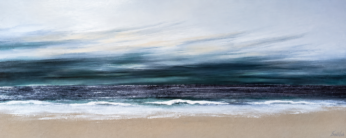 Ewaldi artwork: A narrow line of midnight-teal waves borders a sand-coloured beach beneath a wide softly streaked pale sky.