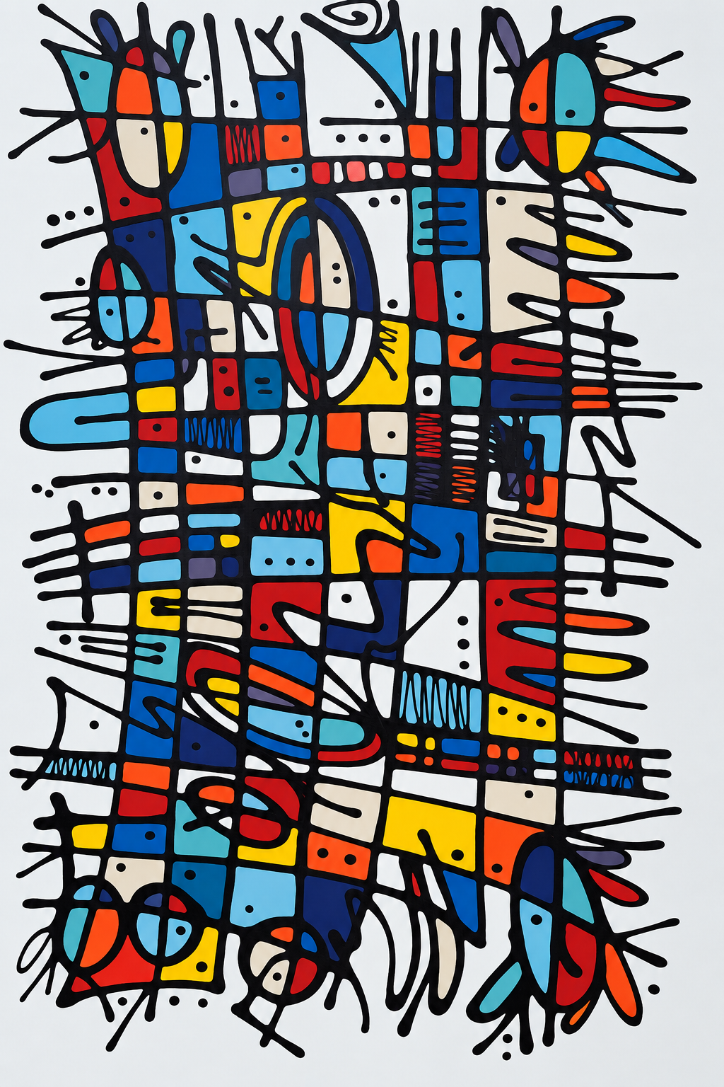 Ewaldi artwork: Dense rectangles, small coloured cells, looping black lines and blue-yellow panels form a vertical geometric.