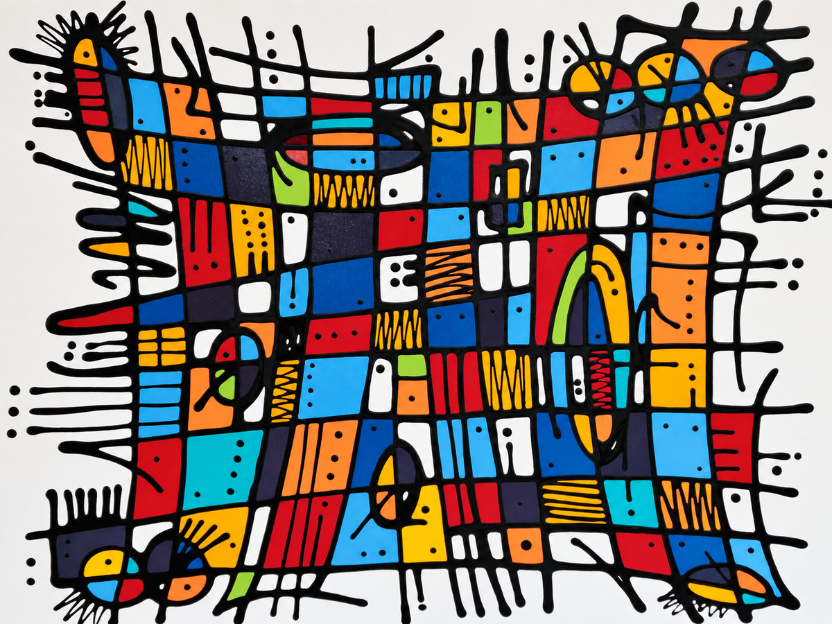 Ewaldi artwork: An energetic horizontal grid of tightly packed primary-colour blocks.
