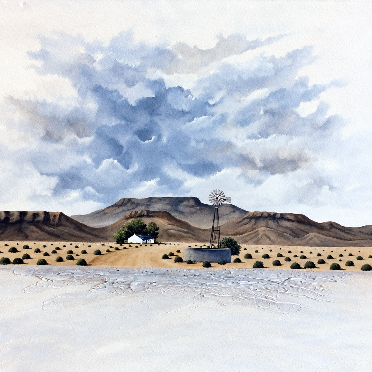 Ewaldi artwork: A low desert ridge and solitary windpump stand under towering blue-grey cloud banks above a broad pale sandy.