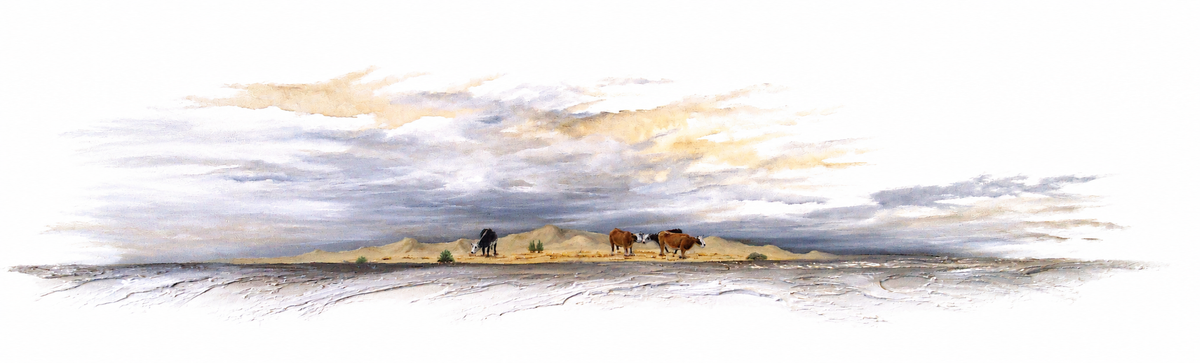 Ewaldi artwork: A tiny windpump and grazing cattle punctuate a thin sunlit farmland horizon under sprawling cream and pale.