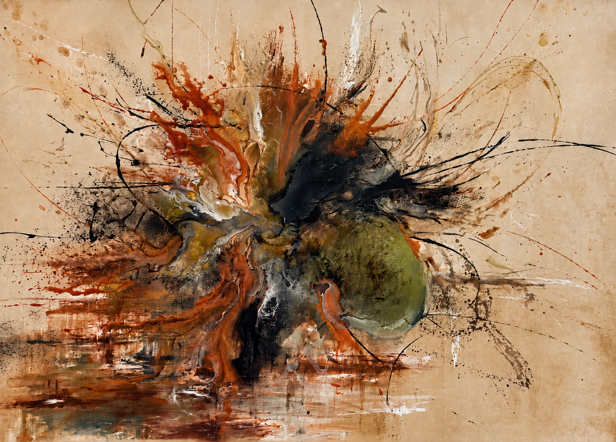 Ewaldi artwork: A sweeping earth-toned burst of rust and black marks radiates across a light beige horizontal field.