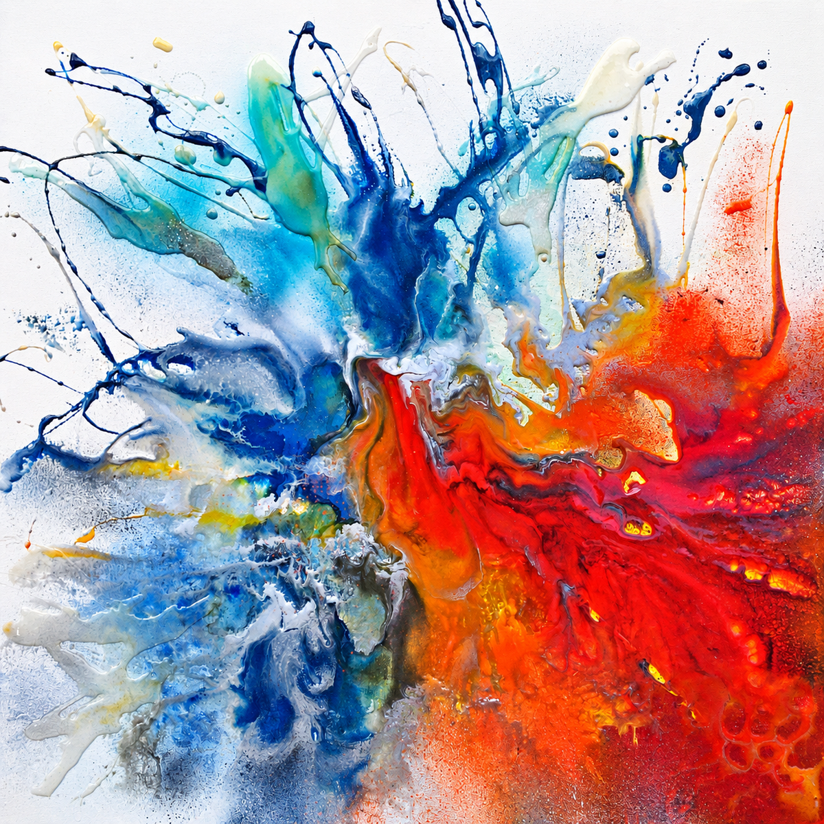 Ewaldi artwork: Cool blue fluid splashes fan out to the left while red-orange and yellow bursts sweep across the right.