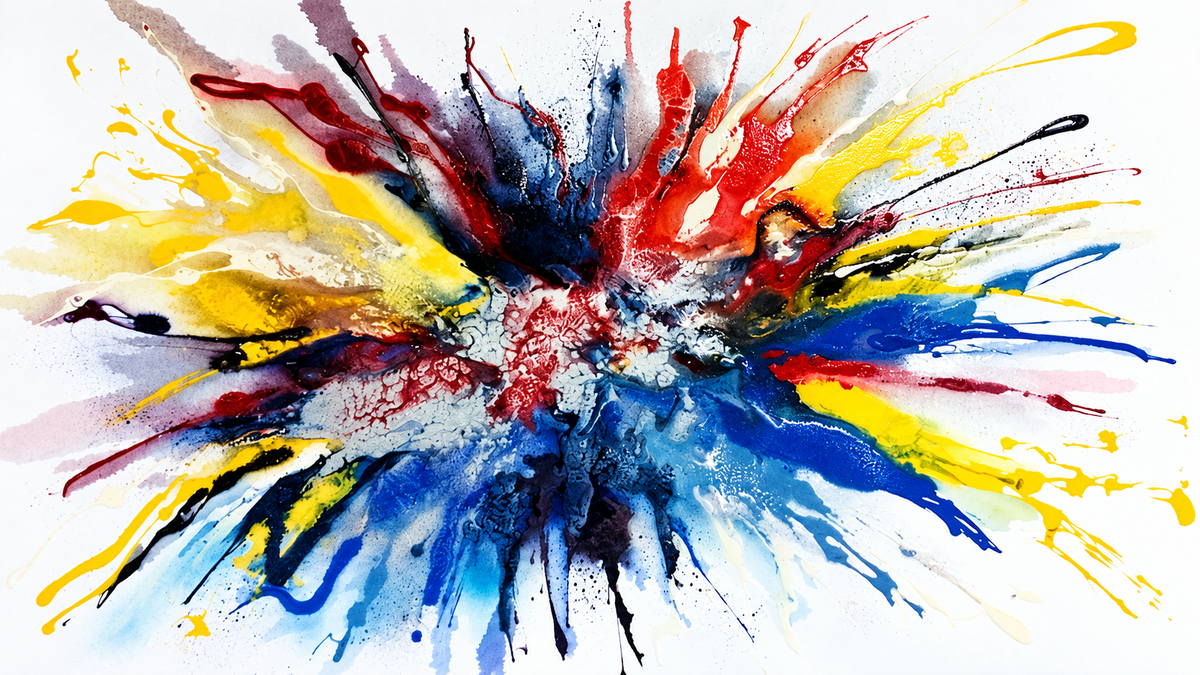 Ewaldi artwork: An explosive horizontal ink-like splash radiates from a dark central cluster, throwing red.