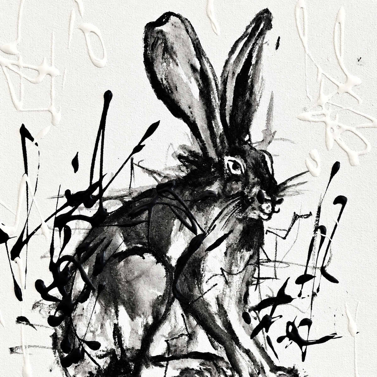 Ewaldi artwork: A mostly full-body hare sits upright facing right.