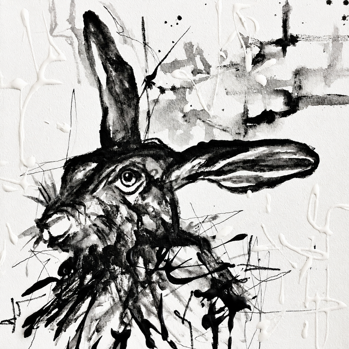 Ewaldi artwork: A hare faces left in close-up, with one ear raised and another extended horizontally above bold black.