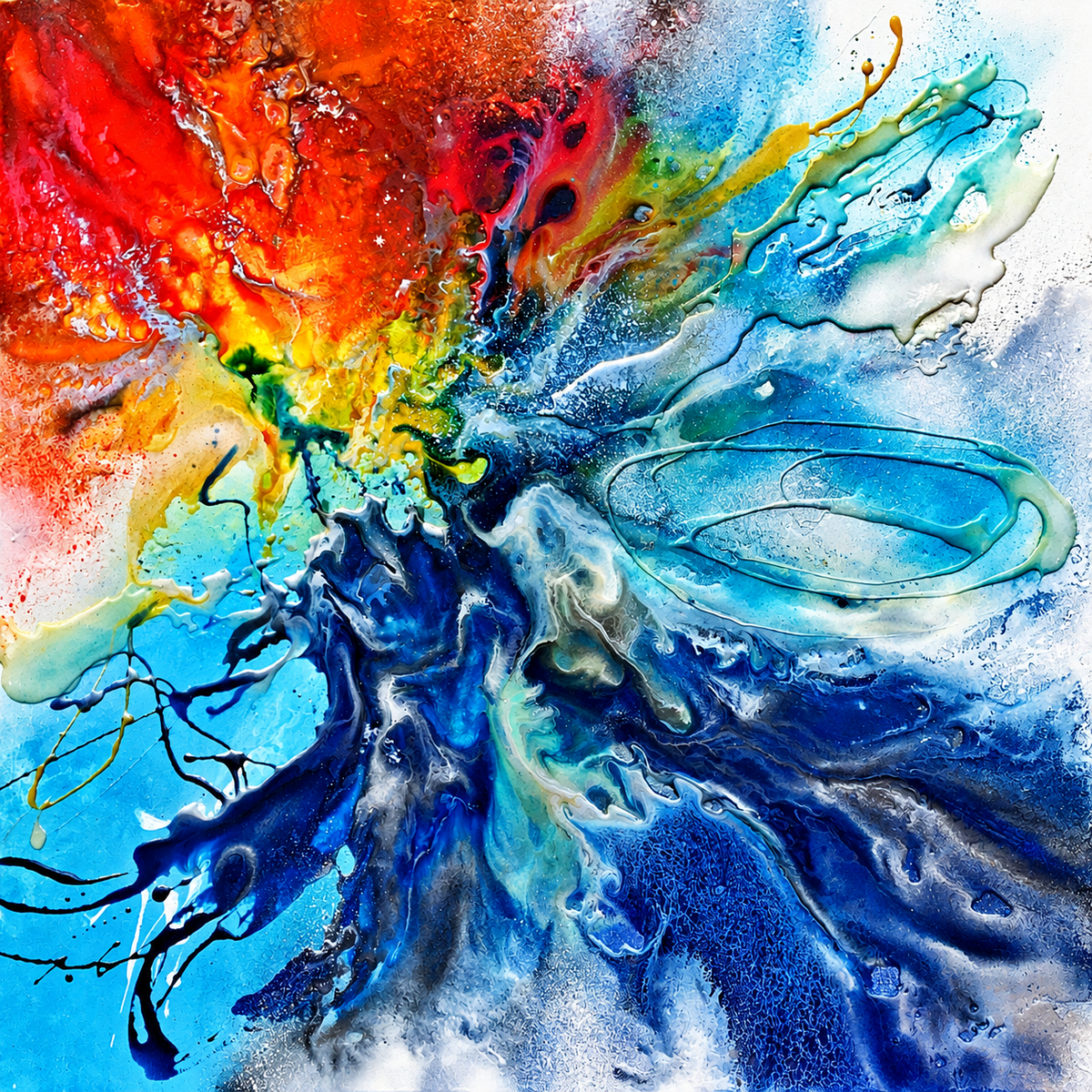 Ewaldi artwork: A dramatic fluid splash streams from a red-orange mass at upper left into large blue and turquoise swirling.
