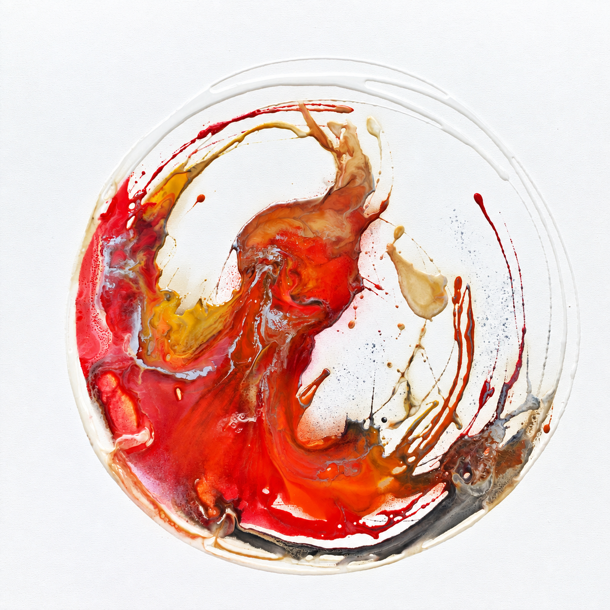Ewaldi artwork: A circular red-orange resin-like whirlpool curls inward over white.