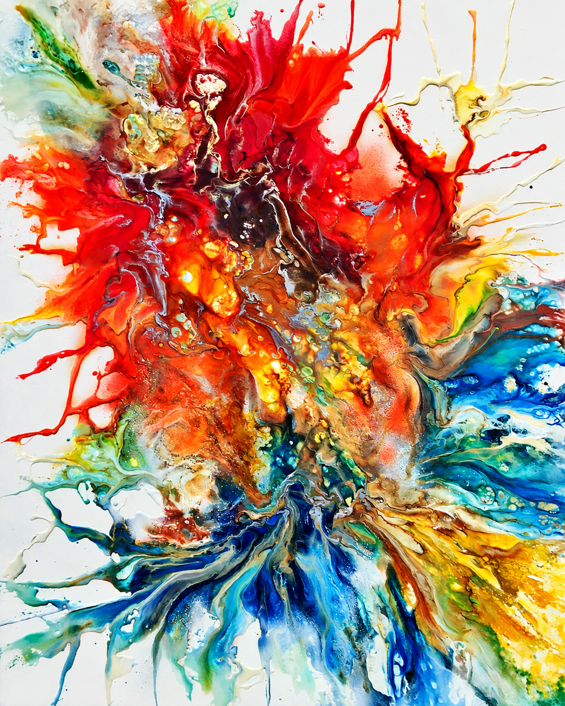 Ewaldi artwork: A tall multicolour explosion sends hot red and orange branches above deep blue-teal and yellow swirling.