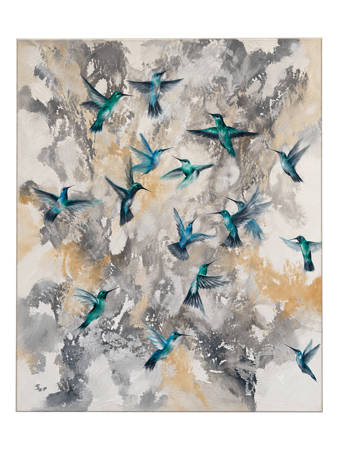 Ewaldi artwork: Small turquoise-and-black bird silhouettes scatter diagonally across a mottled grey and sandy abstract.