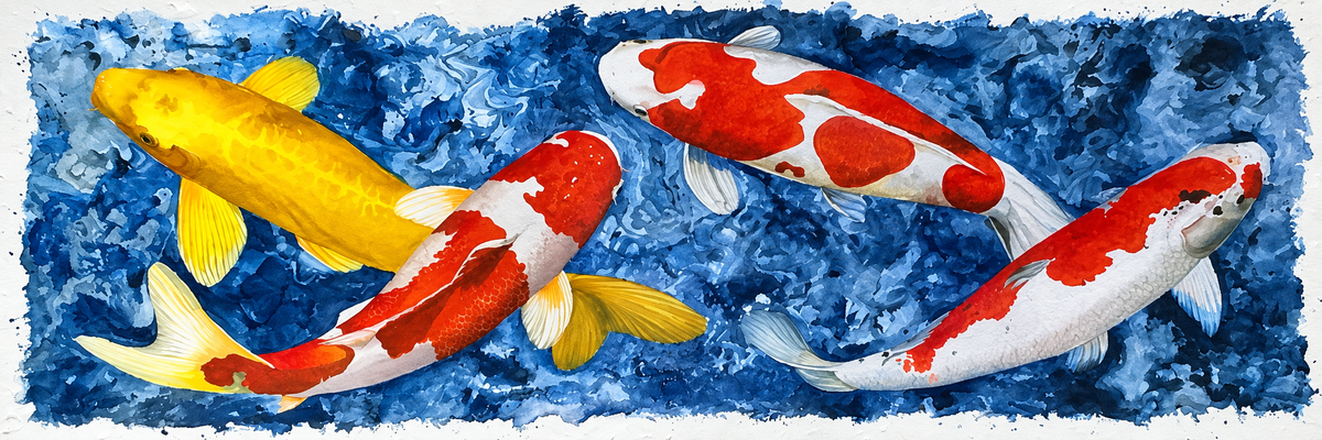 Ewaldi artwork: Four koi—three red-and-white and one solid yellow—swim across a long rectangular pool of textured royal blue.