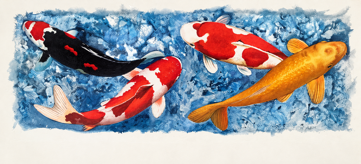 Ewaldi artwork: Four koi swim diagonally across a horizontal blue-water panel: one black-red.