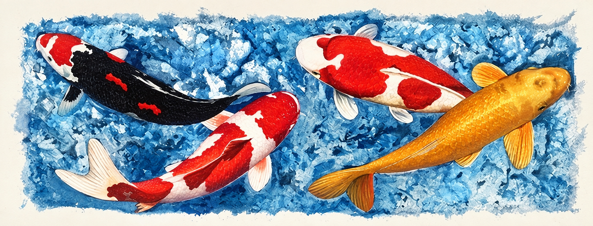Ewaldi artwork: Four koi fish—one mostly black, two red-and-white and one golden yellow—swim across a long rectangular field.