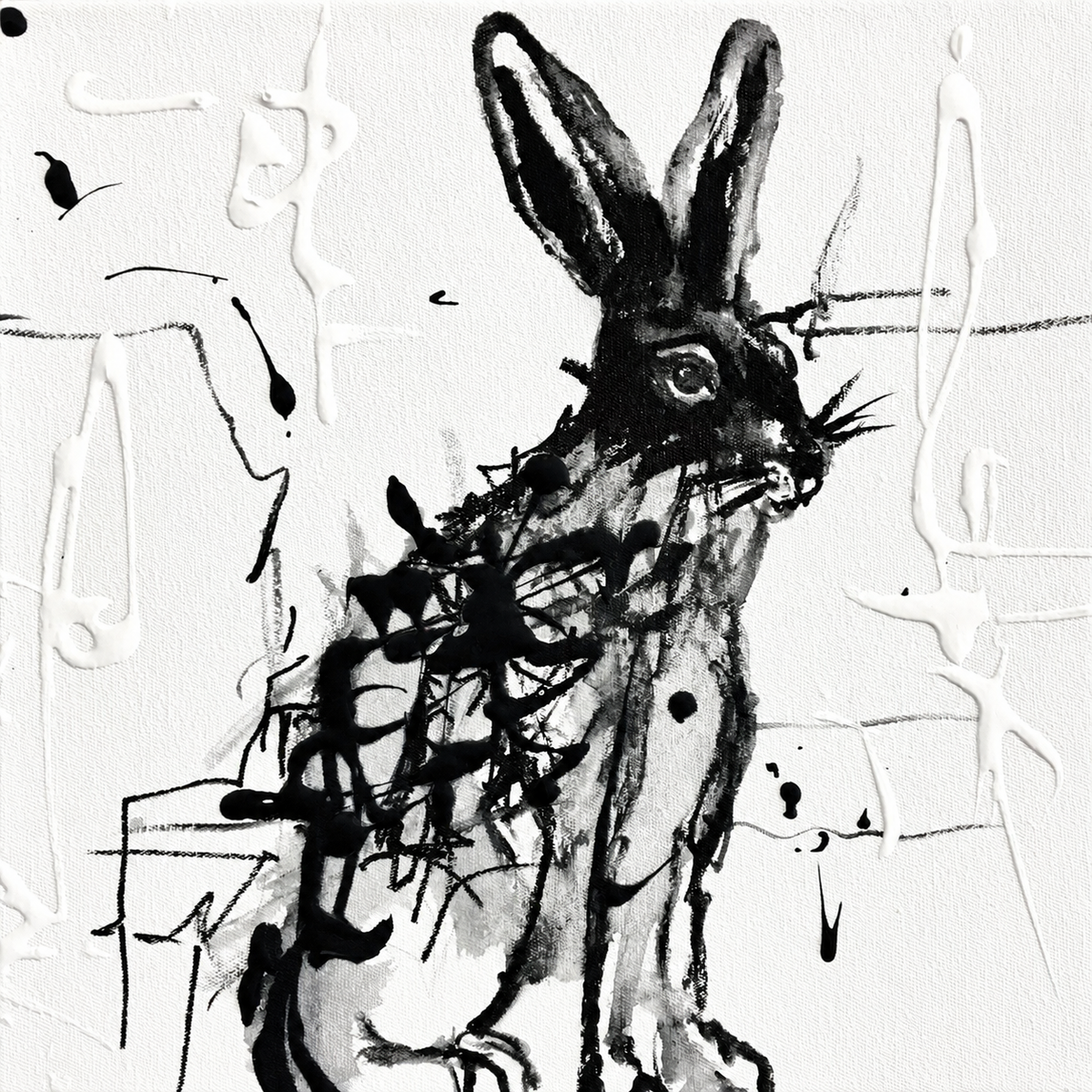 Ewaldi artwork: A full-height upright hare faces right, with both ears raised and a narrow body built from bold black sweeps.