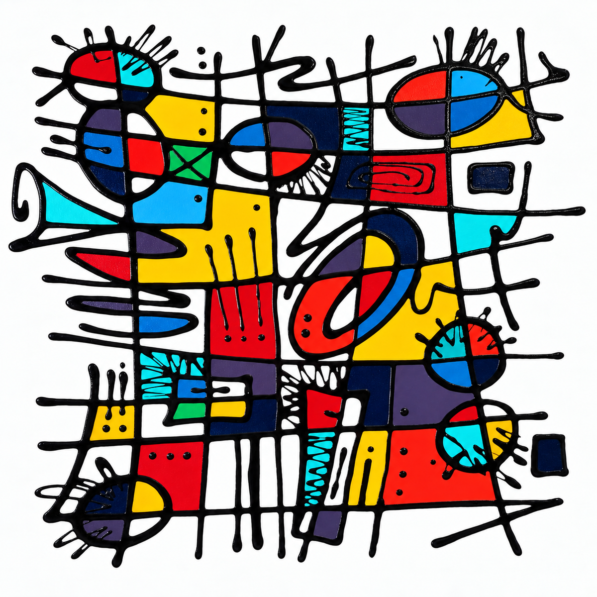 Ewaldi artwork: An energetic grid of blue, red, yellow and grey rectangular cells is crossed by thick black lines and large.