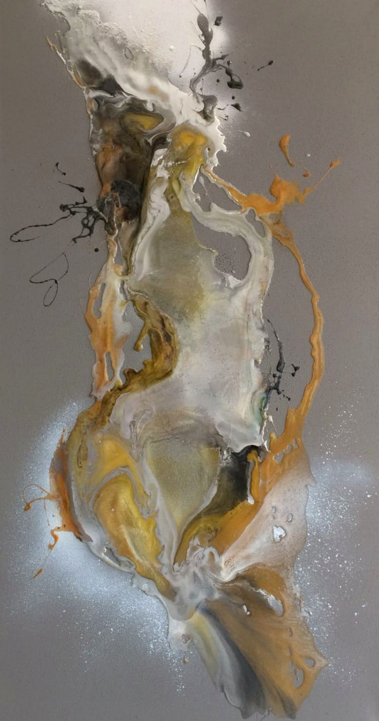 Ewaldi artwork: Narrow veils of muted gold and silver-grey fluid rise and fold through a tall.