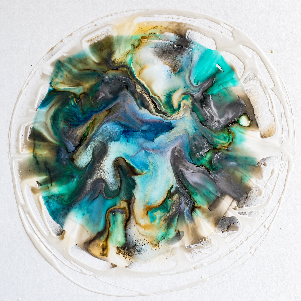 Ewaldi artwork: A circular green-and-blue marbled form fills a pale round area, with twisting jade currents.