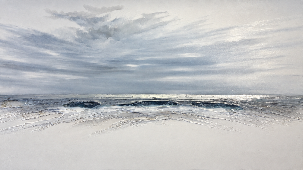 Ewaldi artwork: Soft grey sky strokes stretch above a fine dark-blue ocean strip with slender foaming waves and a pale sandy.