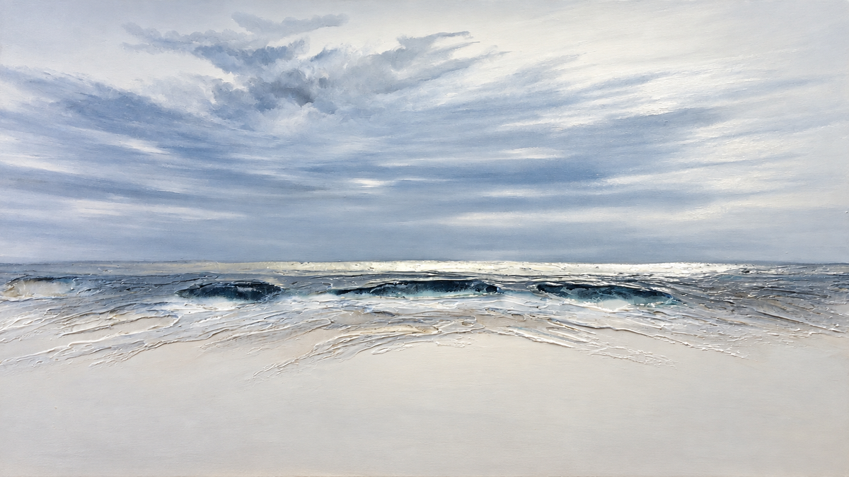 Ewaldi artwork: Rolling light-blue and grey clouds spread above a slender dark ocean break and an almost white sandy.